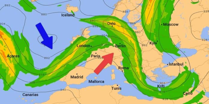 Das wie von einem Maler oder einer Malerin mit dynamischen Pinselstrichen aufgetragene grüne Band mit den darin enthaltenen gelben Farbstrichen zeigt den wellenartigen Verlauf des Jetstreams Ende der Woche. Dabei stößt die subtropische Warmluft zu uns vor.