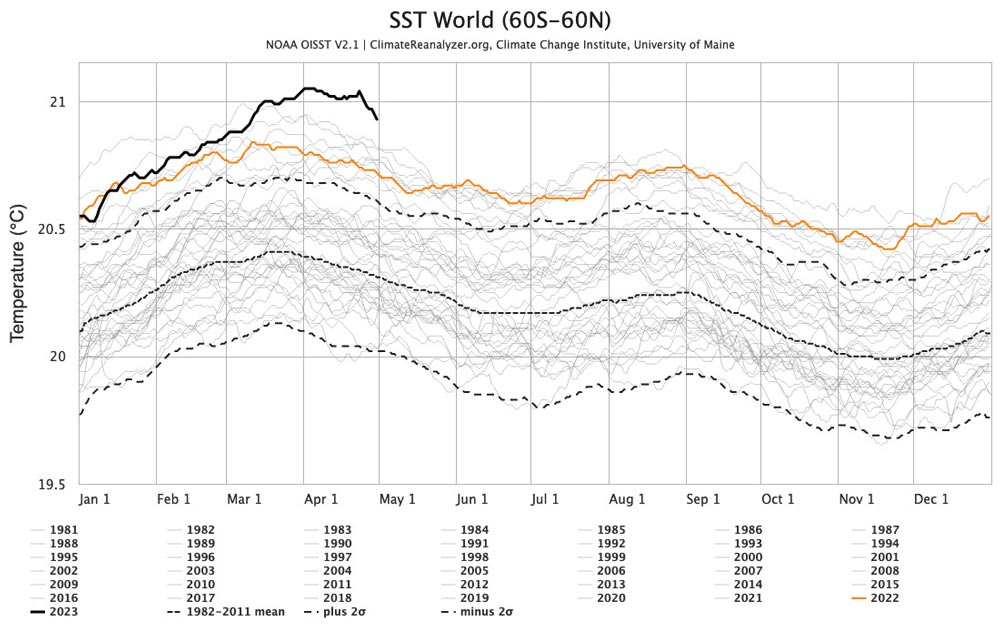 Aktuell liegt die globale Meeresoberflächentemperatur abseits der Polarmeere mit rund 21 Grad auf Rekordniveau. © Maine Climate Office, NOAA