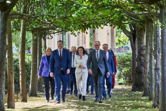 v.l. Bärbel Bas, Bundesministerin für Arbeit und Soziales, Lars Klingbeil,  Bundesminister der Finanzen, Dorothee Bär, Bundesministerin für Forschung, Technologie und Raumfahrt, Friedrich Merz, Bundeskanzler, Dr.Karsten Wildberger, Bundesminister fü